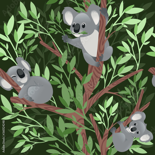 Seamless pattern of cute grey koala bear in different poses eating sleeping leaves cartoon animal design flat vector illustration on green background with leaves