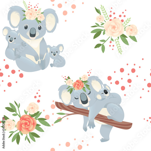 Seamless pattern cute gray female koala mother with small children flat vector illustration on white background with flowers