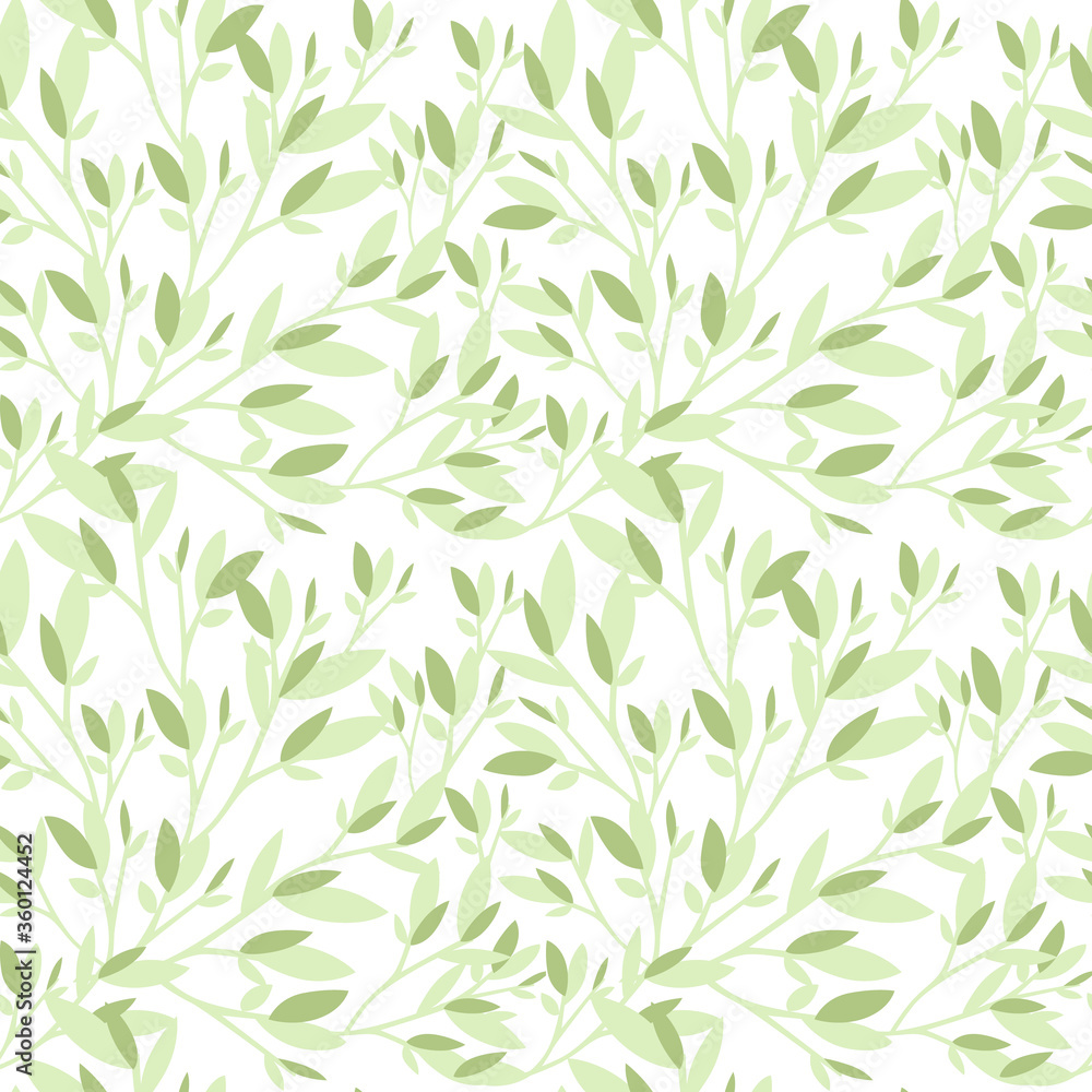 Seamless pattern of green leaves flat vector illustration on white background