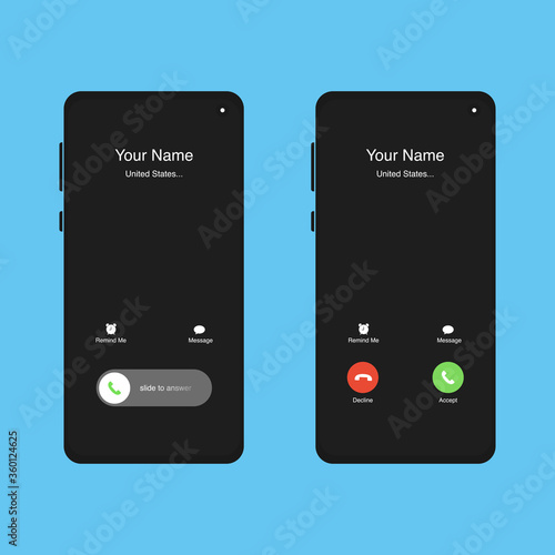 Phone incoming call screen interface set. Slide to answer. Accept button, Decline button. Incoming call. Smartphone call screen template. Mock up vector illustration.