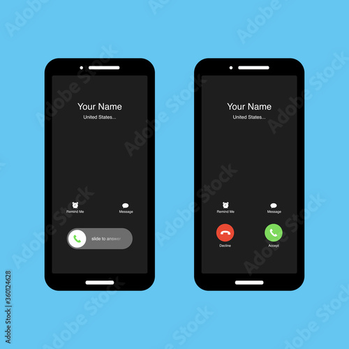 Phone incoming call screen interface set. Slide to answer. Accept button, Decline button. Incoming call. Smartphone call screen template. Mock up vector illustration.