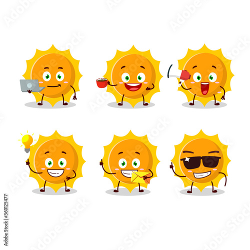 Sun cartoon character with various types of business emoticons