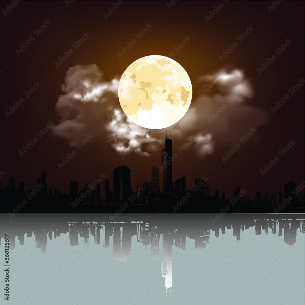 Stunning full moon and clouds over silhouetted generic city skyline with reflection
