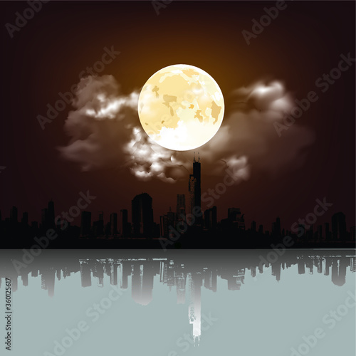 Stunning full moon and clouds over silhouetted generic city skyline with reflection