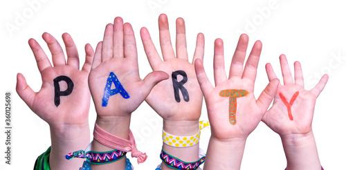 Children Hands Building Colorful English Word Party. White Isolated Background