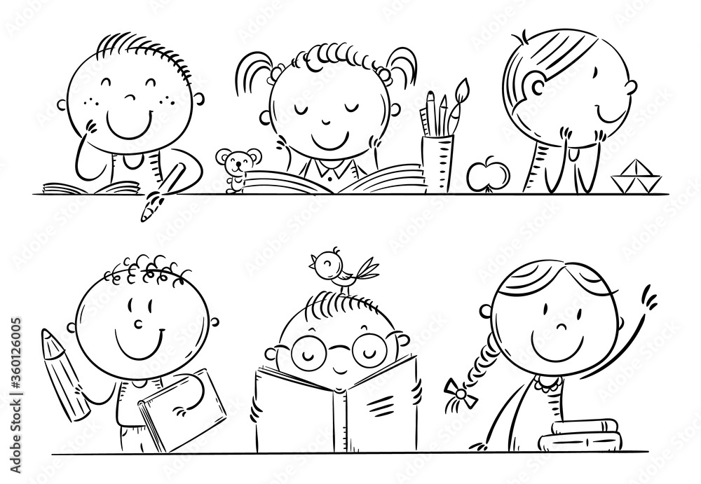 Cartoon kids in the classroom at school sitting at their desks, outline  cartoon illustration Stock Vector | Adobe Stock