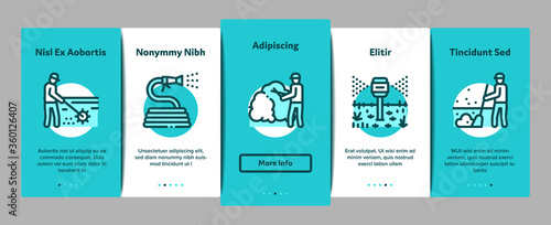 Gardener Worker Instrument Onboarding Mobile App Page Screen Vector. Gardener Shovel And Rake, lawn mower and Watering Hose, Pruner And Trolley Farmer Tool Color Illustrations