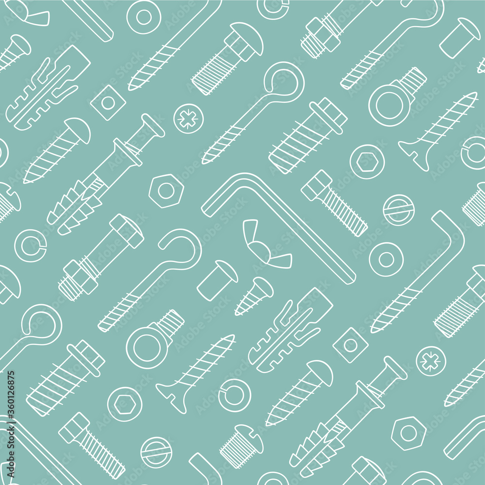 Seamless pattern of fasteners. Bolts, screws, nuts, dowels and rivets in doodle style. Hand drawn building material. Vector illustration Seamless pattern of fasteners. Bolts, screws, nuts, dowels and rivets in doodle style. Hand drawn building material. Vector illustration