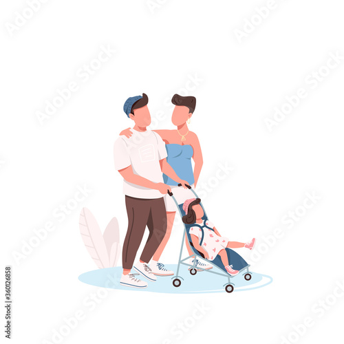 Young family walking flat color vector faceless characters