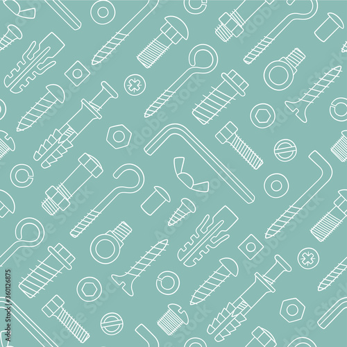 Seamless pattern of fasteners. Bolts, screws, nuts, dowels and rivets in doodle style. Hand drawn building material. Vector illustration
