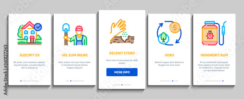 Gardener Worker Instrument Onboarding Mobile App Page Screen Vector. Gardener Shovel And Rake, lawn mower and Watering Hose, Pruner And Trolley Farmer Tool Color Illustrations