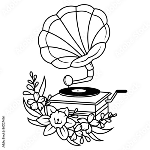 Illustration of floral gramophone. Retro vinyl players. Equipment of music playing  for music lovers. Musical logotype. Tattoo. 