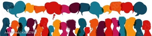 Dialogue group of diverse multiethnic multicultural people. Talking and share ideas. Communication concept. Crowd talking. Silhouette heads diversity people in profile. Speech bubble