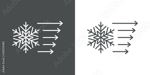 Concepto aire acondicionado. Icono plano lineal copo de nieve con flechas en fondo gris y fondo blanco