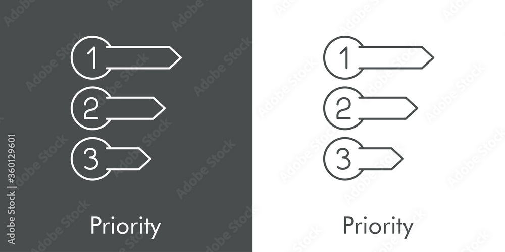 Icono plano lineal con palabra priority con círculos con flechas con números ordenados en fondo gris y fondo blanco Icono plano lineal con palabra priority con círculos con flechas con números ordenados en fondo gris y fondo blanco