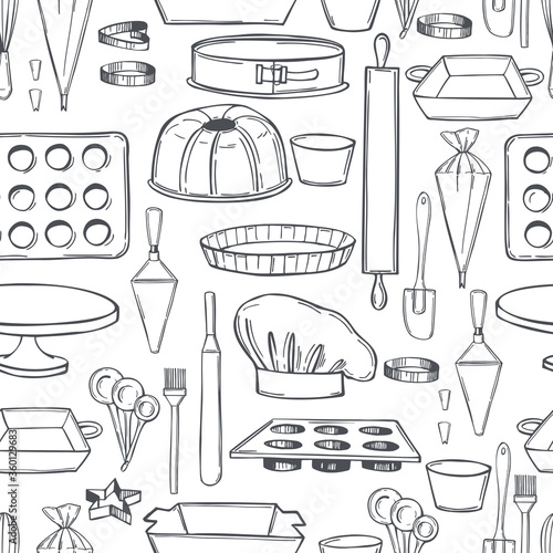 Hand drawn bakery utensils. Baking tools and essentials.  Vector  seamless pattern