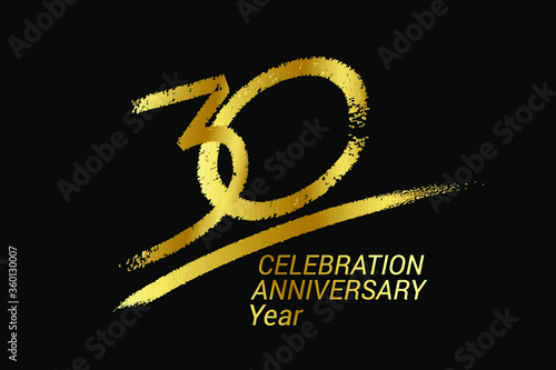 30 year anniversary chalk, golden ink Style , minimalist logo. years, jubilee, greeting card. Birthday invitation sign. Black space vector illustration on black background - Vector