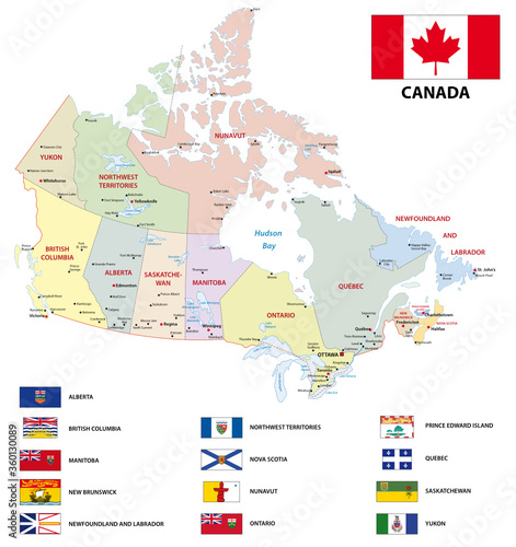 canada administrative and political vector map with flags