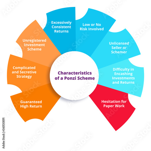 Characteristics of a ponzi scheme guaranteed high return complicated and secretive strategy investment scheme excessivelyrisk involved flat style vector design illustration.