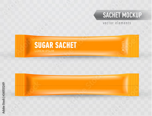 Realistic mock up of stick sachets. Front and back view. Blank packaging for cosmetic or food product. Template for your design, ready to use. Vector illustration isolated on transparent background.