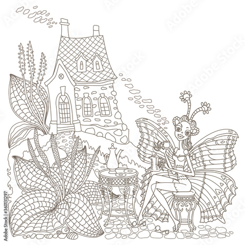 Fairy tale butterfly woman drinking morning coffee at a table near the house and bush of goose grass. Linear brown contour doodle sketch. Tee-shirt print, adults coloring book page, café menu brochure