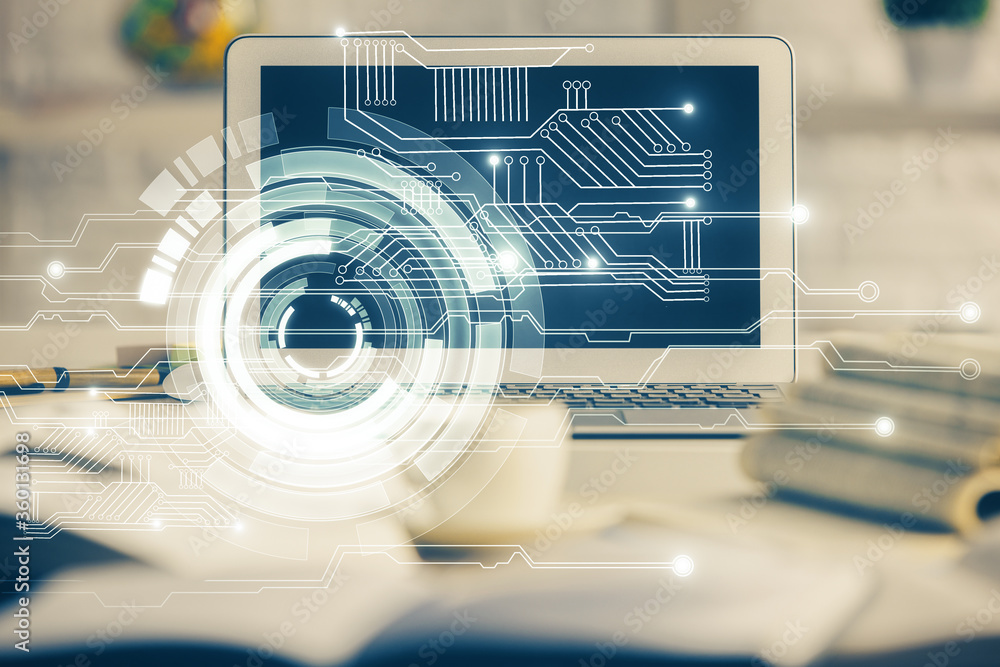 Multi exposure of desktop computer and technology theme hologram. Concept of software development. Multi exposure of desktop computer and technology theme hologram. Concept of software development.