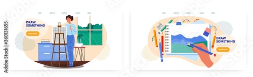 Female artist painting on the easel. Landscape drawing in the notepad by color pencils. Art studio concept illustration. Vector web site design template. Landing page website illustration