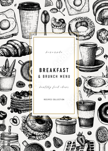Breakfast vintage flyer design. Morning food and hot drinks menu vector template. Breakfast and brunch dishes background. Vintage hand-drawn food sketches. 