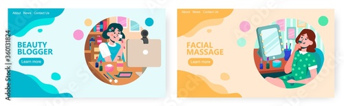 Make up artist and beauty blogger. Girl makeup in front of mirror at home. Fashion blog concept illustration. Vector web site design template. Landing page website illustration