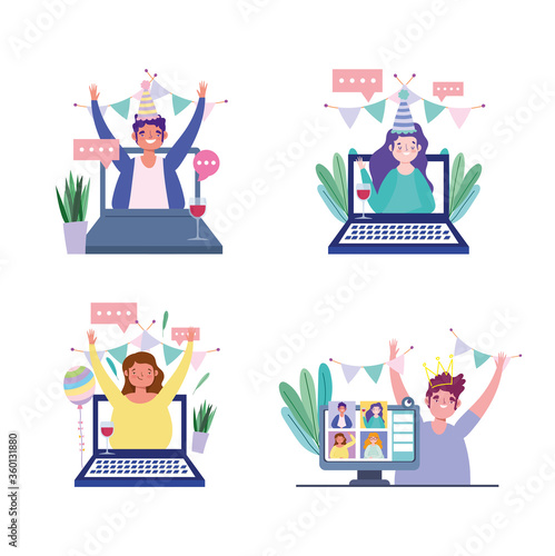 online party, birthday or meeting friends, character celebrating online self isolation