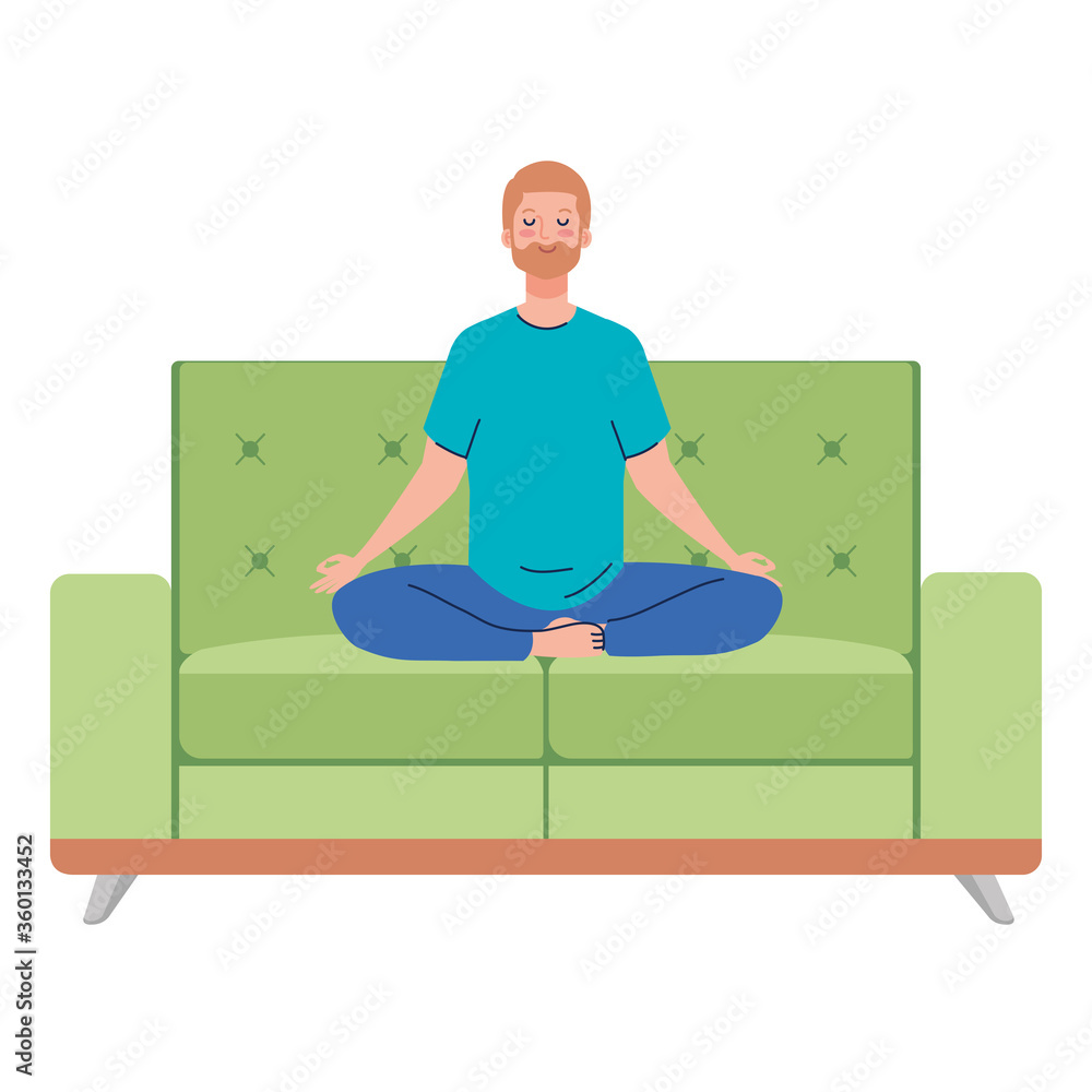 man meditating sitting in couch, concept for yoga, meditation, relax, healthy lifestyle man meditating sitting in couch, concept for yoga, meditation, relax, healthy lifestyle