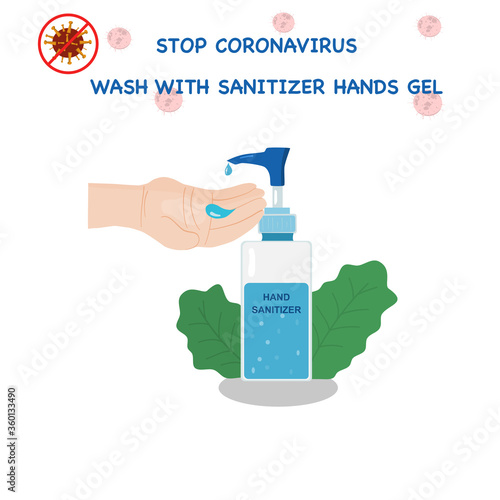 Vector picture wash hands with sanitizer hands gel for safe from coronavirus. Vector illustration 