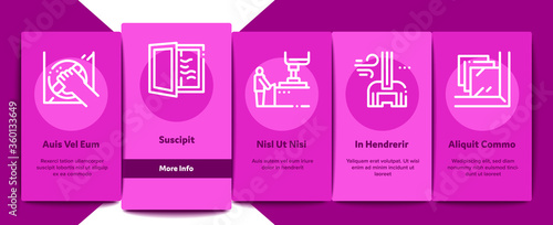 Pvc Window Frames Onboarding Mobile App Page Screen Vector. Pvc Window Architectural Glass Building Detail And Handle, Carrying Truck And Jalousie Color Illustrations