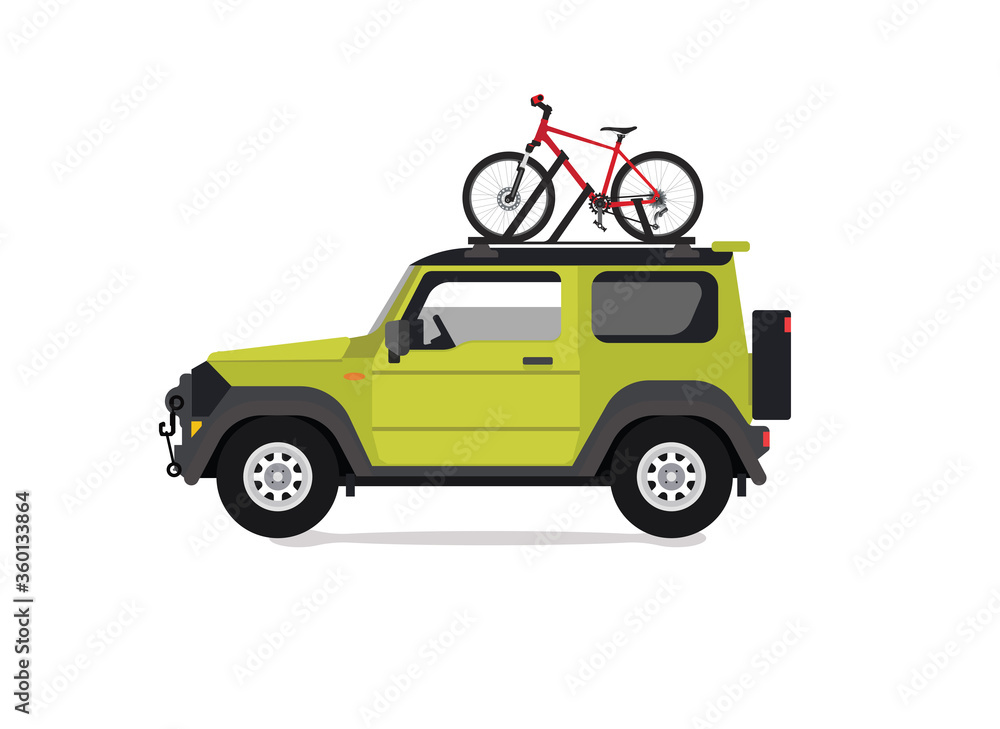 Green off road vehicle with bicycle with bicycle roof rack Green off road vehicle with bicycle with bicycle roof rack