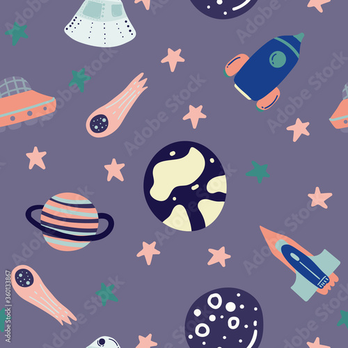 seamless pattern with hand drawn space elements. © Lovi