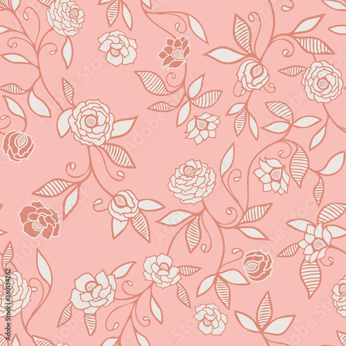 Peach colored roses seamless floral pattern vector background for fabric, wallpaper, scrapbooking projects or backgrounds. © Agnes
