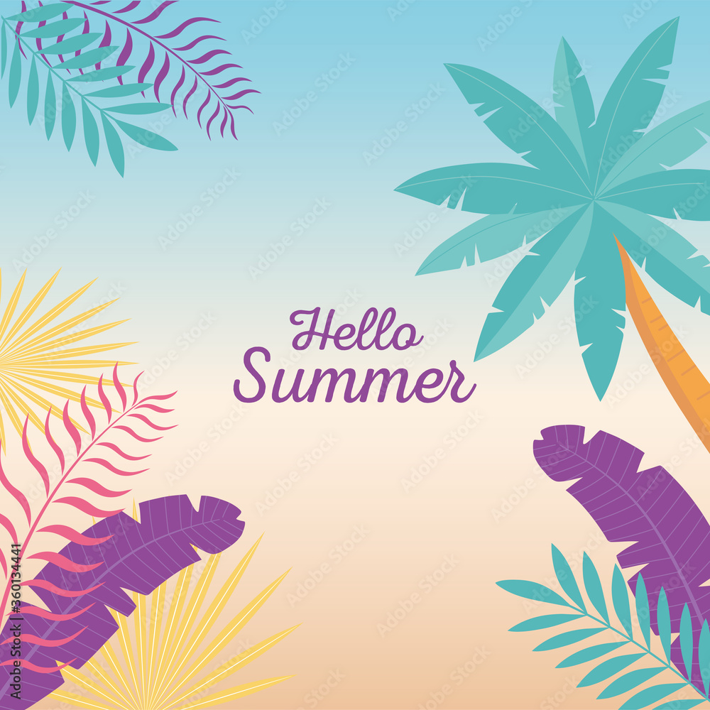 hello summer, tropical tree palm leaves foliage gradient background