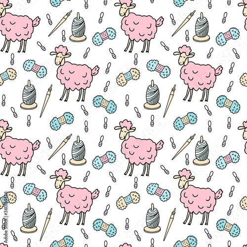 Cute lambs with balls of wool, yarn holders, stitch markers and spindles. Vector seamless pattern on white. Great for fabric, wrapping paper, wallpaper, covers. Knitting hobby in coloring doodle style