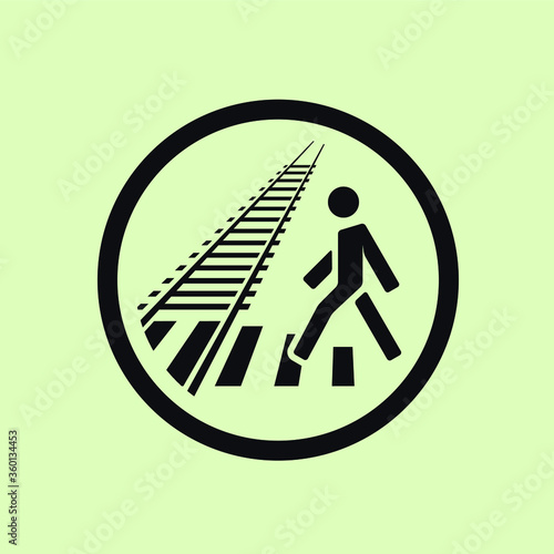 Railway crossing on crosswalk safe here sign. Perspective rails and sleepers. Man walking on zebra. Pedestrian rails crosing pictogram for navigations signs. Monochrome filled vector eps illustration.