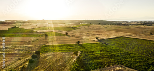 Aerial photo of agricultural fields with beautiful sunset with sun rays