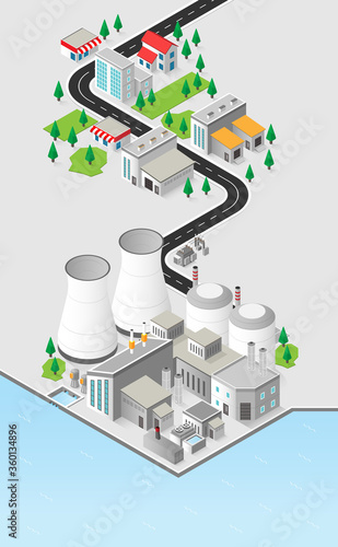 nuclear energy, nuclear power plant with isometric graphic