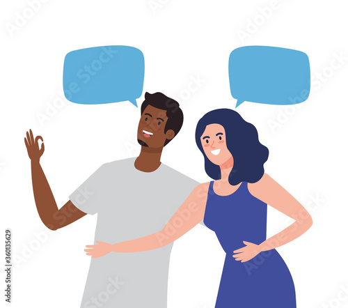 happy couple talking with speech bubbles, celebrating holiday