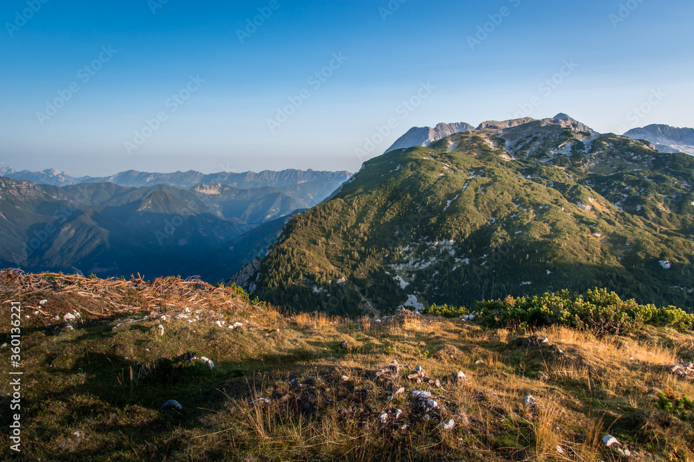 Naklejka premium Alps mountains in early morning in summer season. Summit covered with grass and rocks. Beautiful elevated view of mountains in the distance. Hiking in Slovenia, wide shot