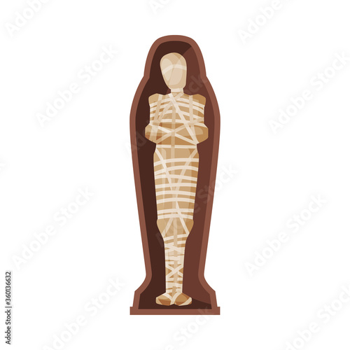 Egyptian Mummy in Sarcophagus, Ancient Symbol of Egypt Flat Style Vector Illustration on White Background