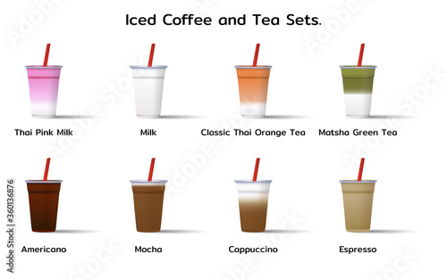 Set of Iced Coffee and tea in a plastic cup with straw and label.