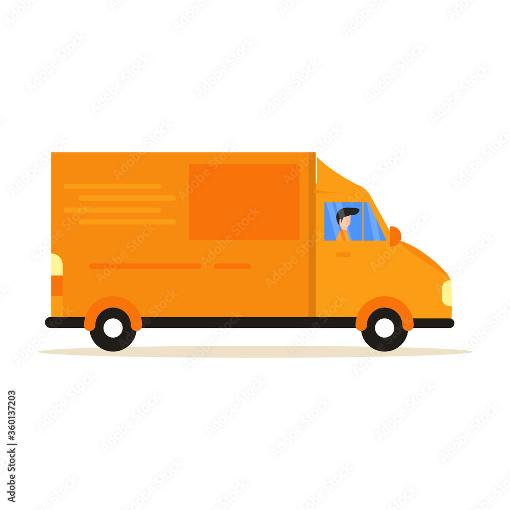 Fast delivery van. Courier provides free delivery of goods or postal parcels to the address. Vector illustration in flat style Fast delivery van. Courier provides free delivery of goods or postal parcels to the address. Vector illustration in flat style