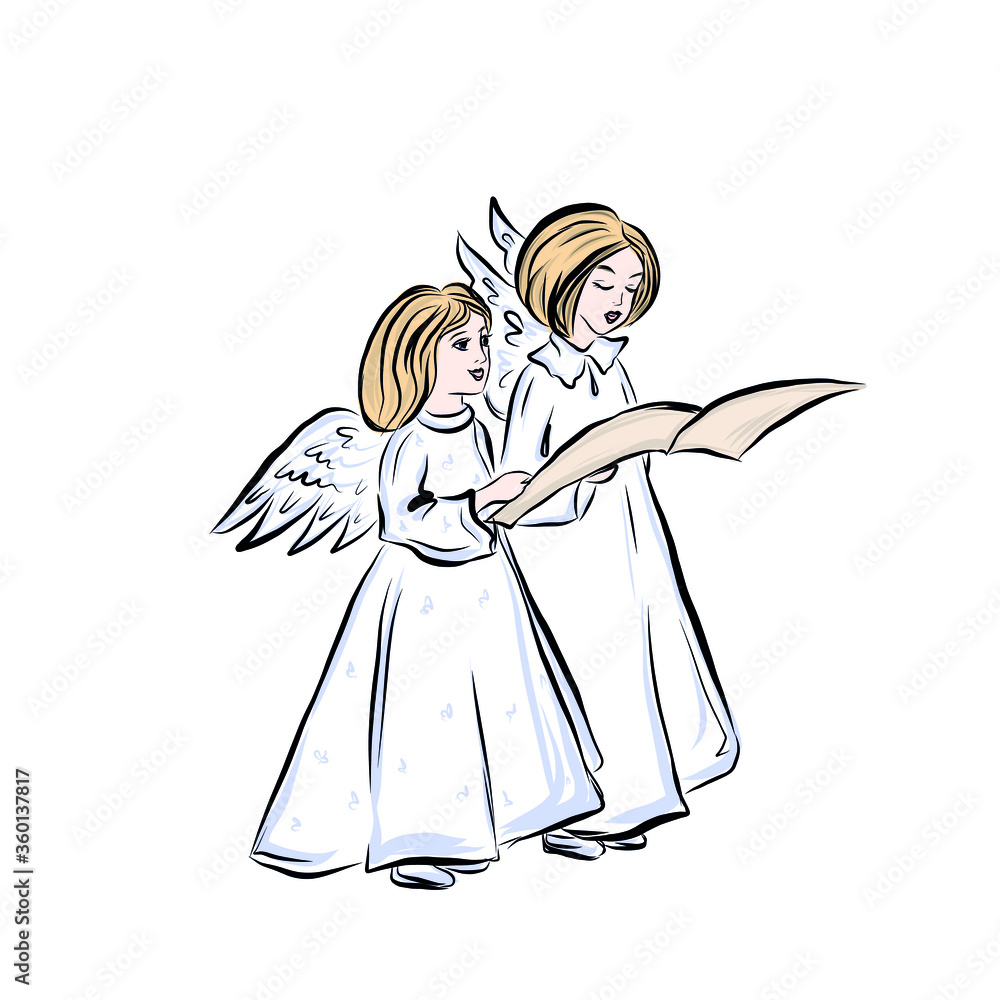 Two angels sing on the choir. Symbol god of man. Concept of resurrection of Jesus Christ. Christmas, Easter design. 