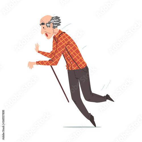 Elderly Man Falling Down on the Floor, Retired Person Falling with Walking Cane, Accident, Pain or Injury Cartoon Style Vector Illustration I on White Background