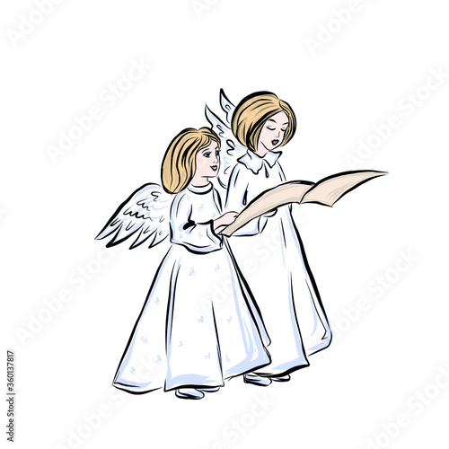 Two angels sing on the choir. Symbol god of man. Concept of resurrection of Jesus Christ. Christmas, Easter design. 