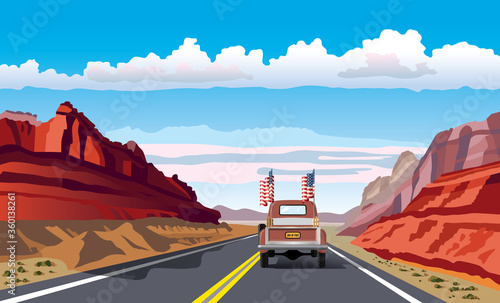Vintage Truck Driving on a Mountain Road Vector Illustration